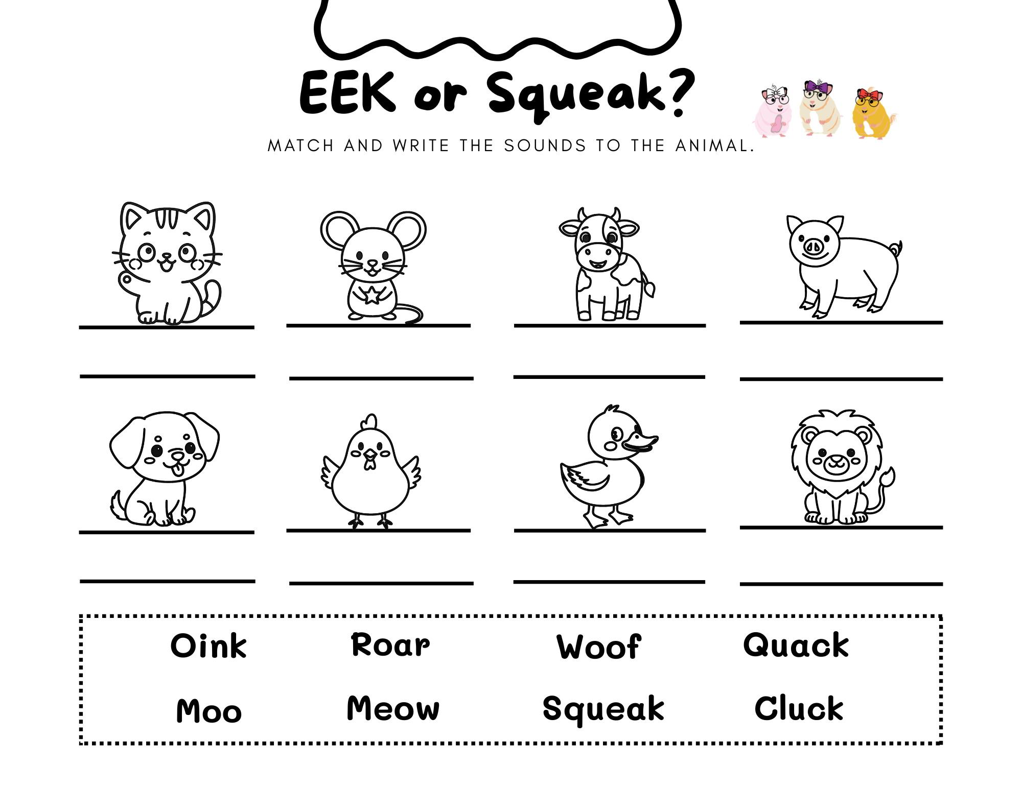 Animal Sounds, 8 Fun Coloring Pages with Words, Simple Printable Art