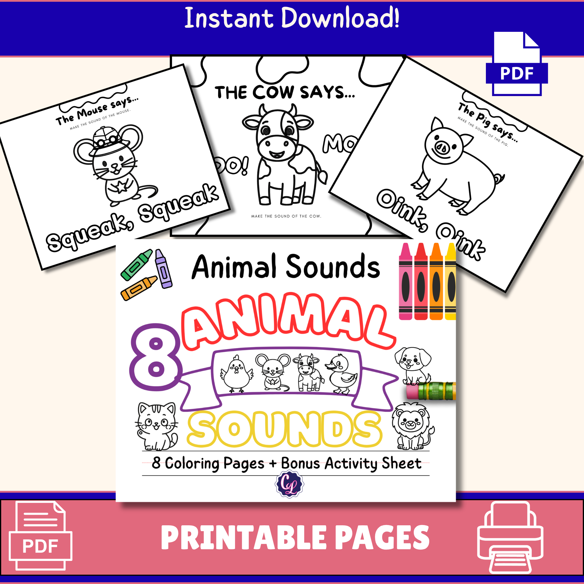 Animal Sounds, 8 Fun Coloring Pages with Words, Simple Printable Art