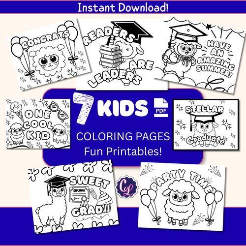 Collection of 7 Kids coloring pages with various designs on a blue background.