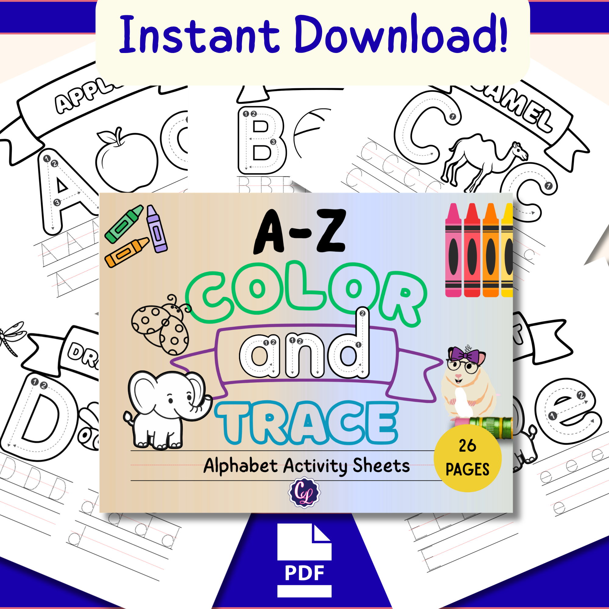 Alphabet Tracing, Fun Coloring Pages with Words, Simple Printable Art